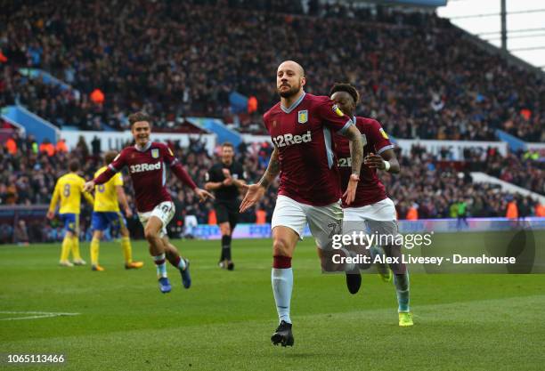 Alan Hutton of Aston Villa celebrates after scoring their fourth goal during the Sky Bet Championship match between Aston Villa and Birmingham City...