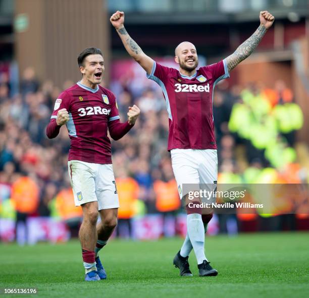 Alan Hutton and Jack Grealish of Aston Villa celebrate at the end of the Sky Bet Championship match between Aston Villa and Birmingham City at Villa...