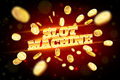 The gold word Slot Machine, surrounded by attributes of gambling, on a explosion background. The new, best design of the luck banner, for gambling, casino, poker, slot, roulette or bone.