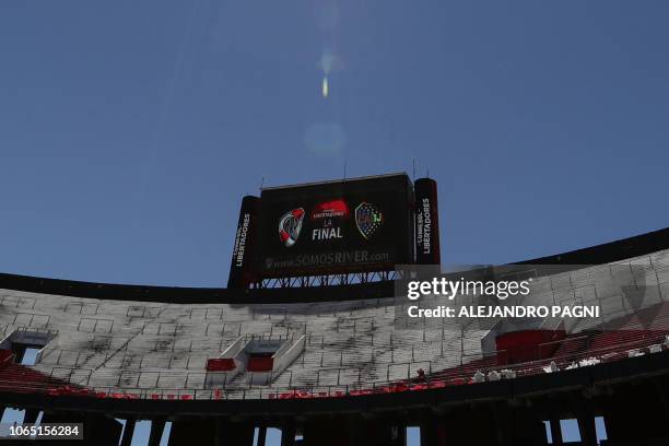 View of the empty Monumental stadium in Buenos Aires, before the all-Argentine Copa Libertadores second leg final match between River Plate and Boca...