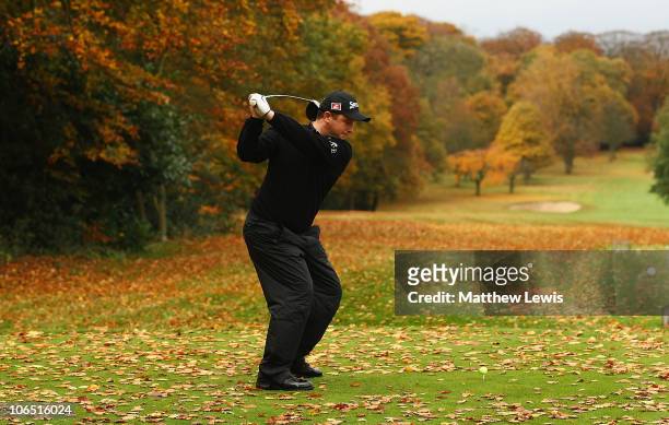 Greig Hutcheon of Banchory tees off on the 3rd hole during the final day of the Srixon PGA Playoff Final at Little Aston Golf Club on November 4,...