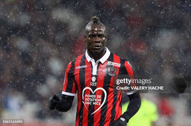 Nice's Italian forward Mario Balotelli reacts during the French L1 football match between Nice and Lille at The "Allianz Riviera" Stadium in Nice,...