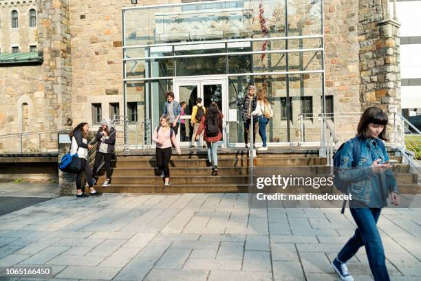 gruppo multietnico di studenti di fronte all'ingresso della college university. - città universitaria foto e immagini stock