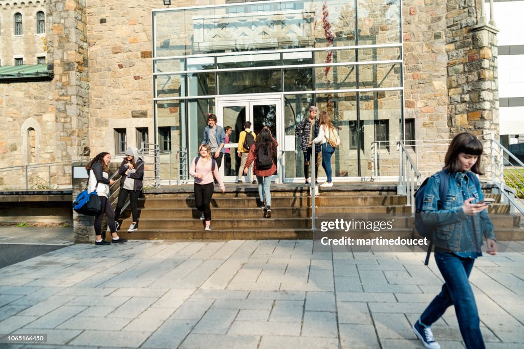 Multi-étnica grupo de estudantes em frente à entrada do Colégio Universitário.