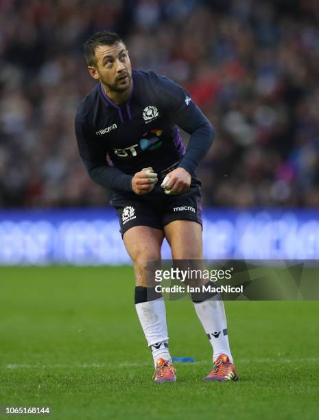 Greig Laidlaw of Scotland looks on after he kicks a penalty during the International Friendly match between Scotland and Argentina at Murrayfield...