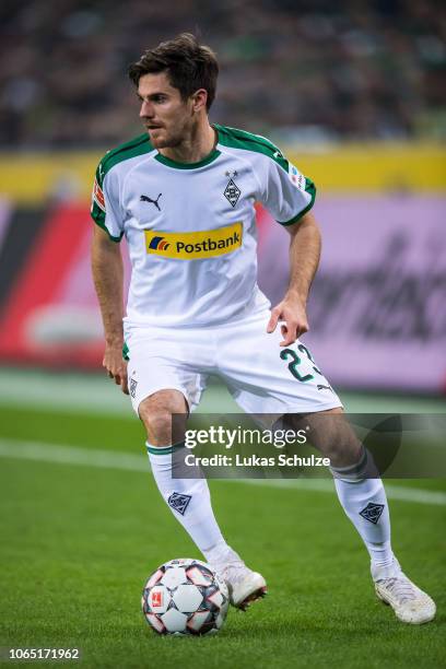 Jonas Hofmann of Moenchengladbach controls the ball during the Bundesliga match between Borussia Moenchengladbach and Hannover 96 at Borussia-Park on...