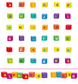 Colorful alphabet cubes with letters and numbers to select and put together. Isolated vector illustration on white background.