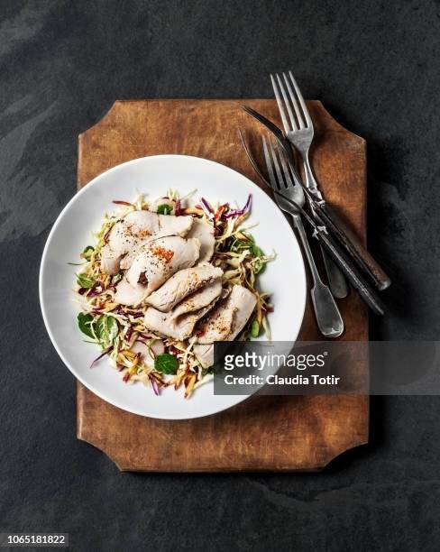 roasted pork with fresh salad - paleo diet stock pictures, royalty-free photos & images