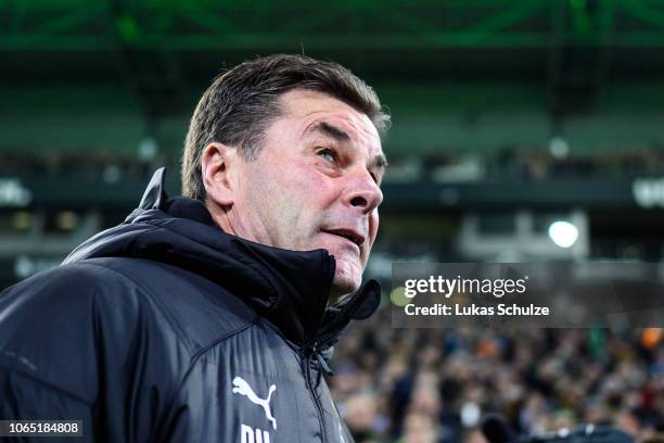 Head Coach Dieter Hecking of Moenchengladbach looks on prior to the Bundesliga match between Borussia Moenchengladbach and Hannover 96 at...