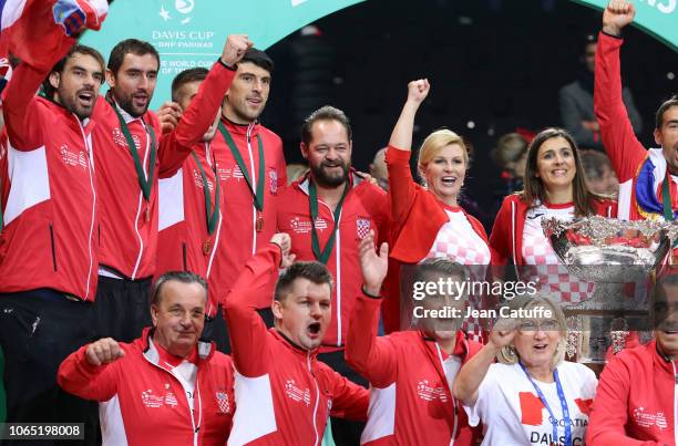 Marin Cilic, Borna Coric, Franko Skugor, captain of Croatia Zeljko Krajan, President of Croatia Kolinda Grabar-Kitarovic, President of Croatian...