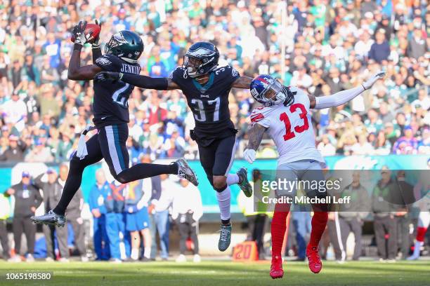 Strong safety Malcolm Jenkins of the Philadelphia Eagles intercepts a pass intended for wide receiver Odell Beckham of the New York Giants during the...