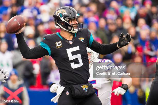 Blake Bortles of the Jacksonville Jaguars passes the ball during the first quarter against the Buffalo Bills at New Era Field on November 25, 2018 in...