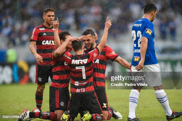 Players of Flamengo celebrates a scored goal against Cruzeiro during a match between Cruzeiro and Flamengo as part of Brasileirao Series A 2018 at...