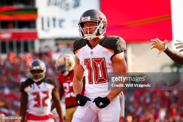 Wide receiver Adam Humphries of the Tampa Bay Buccaneers reacts after a touchdown in the fourth quarter of the game against the San Francisco 49ers...