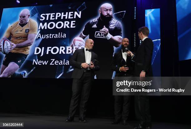 Host Alex Payne interviews Stephen Moore of Australia and DJ Forbes of New Zealand after receiving the International Rugby Players Special Merit...