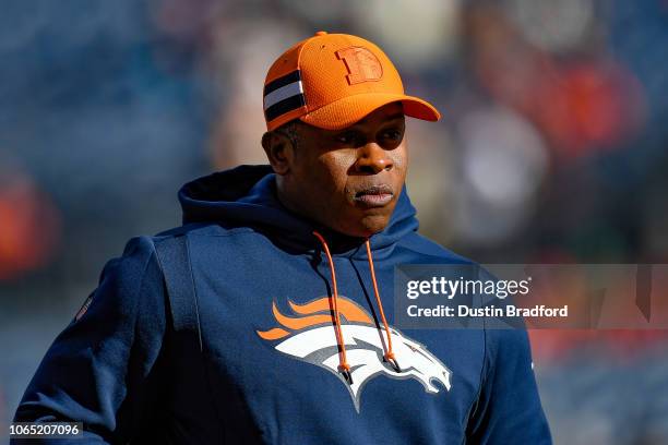 Head coach Vance Joseph of the Denver Broncos walks on the field before a game against the Pittsburgh Steelers at Broncos Stadium at Mile High on...