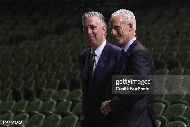 Newly appointed Republic of Ireland manager Mick McCarthy , with John Delaney, CEO, Football Association of Ireland, following a press conference at...