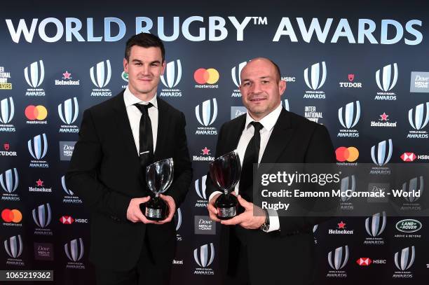 Johnny Sexton and Rory Best of Ireland pose with their awards during the World Rugby via Getty Images Awards 2018 at the Monte-Carlo Sporting Club on...