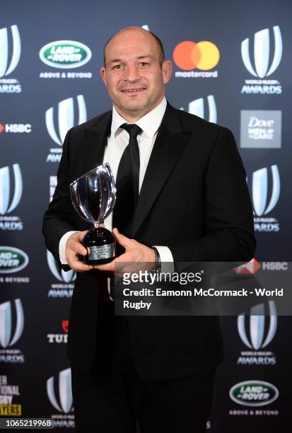 Rory Best of Ireland on behalf of Ireland poses with the World Rugby via Getty Images Team of the Year award during the World Rugby via Getty Images...