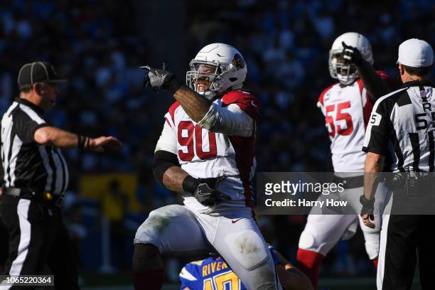 Defensive tackle Robert Nkemdiche of the Arizona Cardinals celebrates his sack of quarterback Philip Rivers of the Los Angeles Chargers in the second...