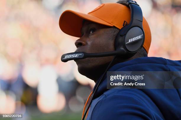 Head coach Vance Joseph of the Denver Broncos looks at the scoreboard during the second quarter against the Pittsburgh Steelers. The Denver Broncos...