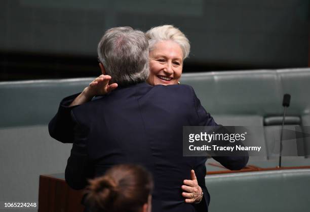 Independent Kerryn Phelps is hugged Senior Labor MP Wayne Swan after officially being sworn into parliament at Parliament House on November 26, 2018...