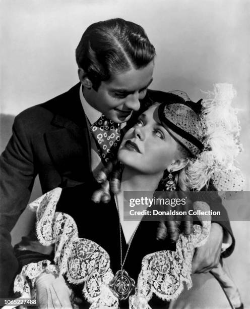 Actress Alice Faye and Tyrone Power in a scene from the movie "In Old Chicago"