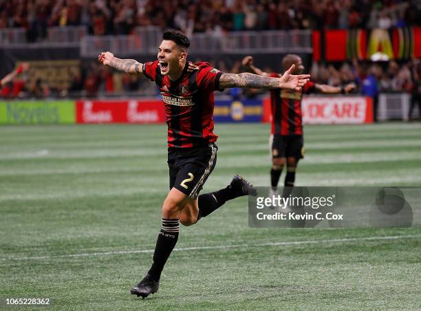 Franco Escobar of Atlanta United celebrates scoring the second goal against the New York Red Bulls in the second half of the MLS Eastern Conference...