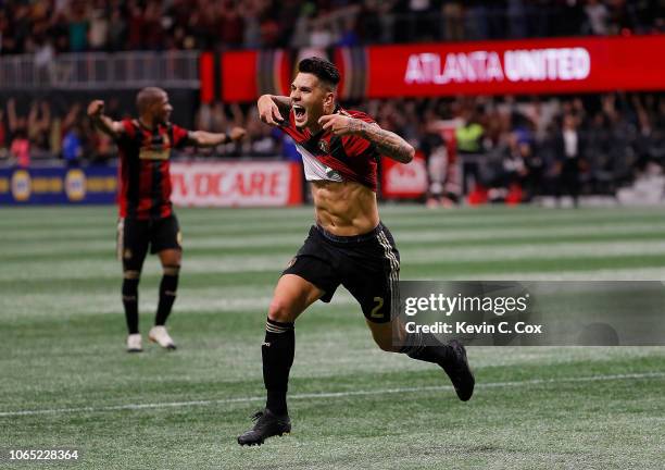 Franco Escobar of Atlanta United celebrates scoring the second goal against the New York Red Bulls in the second half of the MLS Eastern Conference...