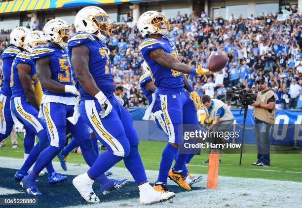 Free safety Derwin James of the Los Angeles Chargers celebrates his interception in the third quarter against the Arizona Cardinals at StubHub Center...