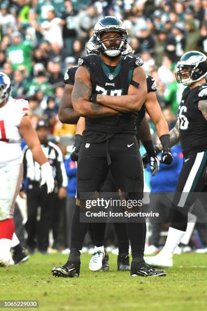 Philadelphia Eagles Defensive End Michael Bennett poses for fans during the New York Giants versus the Philadelphia Eagles game on November 25 at...