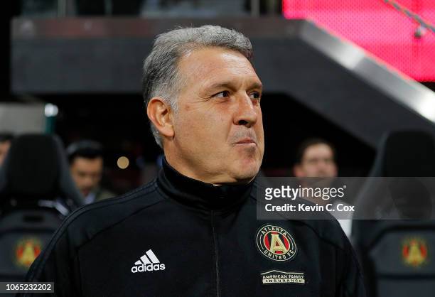 Head coach Gerardo Martino of the Atlanta United stands during the National Anthem prior to the MLS Eastern Conference Finals between Atlanta United...