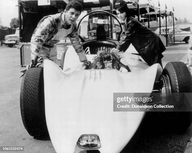 Actress Annette Funicello and Frankie Avalon in a scene from the movie "Fireball 500"