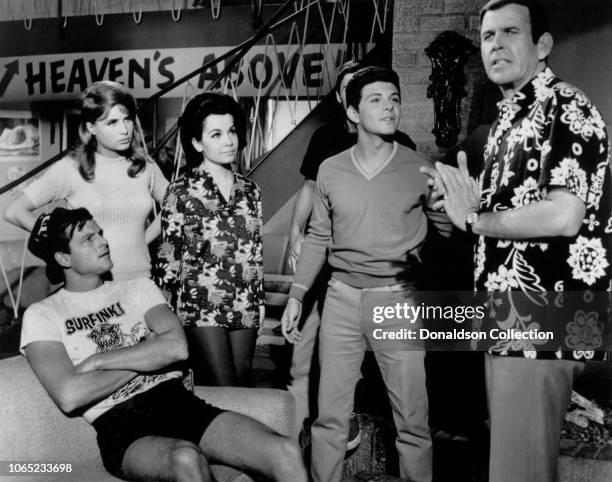 Actress Annette Funicello and Frankie Avalon in a scene from the movie "Beach Blanket Bingo"