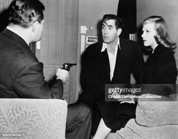 Actress Hildegard Knef and Tyrone Power, Jr, Stefan Schnabel. In a scene from the movie "Diplomatic Courier"