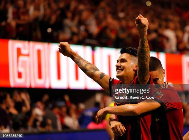 Franco Escobar of Atlanta United celebrates scoring the second goal against the New York Red Bulls with Miguel Almiron in the second half of the MLS...