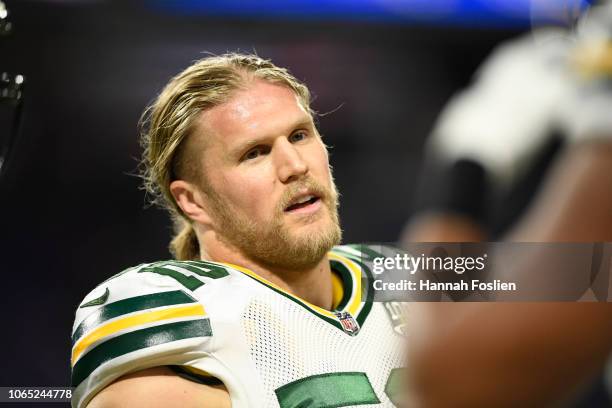 Clay Matthews of the Green Bay Packers on the field during pregame warmups before the game against the Minnesota Vikings at U.S. Bank Stadium on...