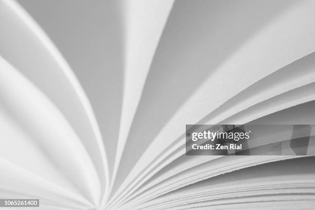 an open book showing edges of the pages in black and white - white book foto e immagini stock