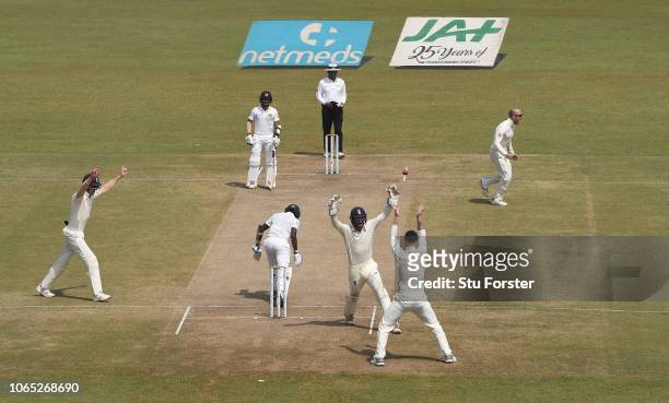 England bowler Jack Leach celebrates after taking the wicket of Lakshan Rangika caught by Stokes at slip during Day Four of the Third Test match...