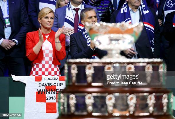 President of Croatia Kolinda Grabar-Kitarovic after winning the Davis Cup on day 3 of the 2018 Davis Cup final between France and Croatia at Stade...