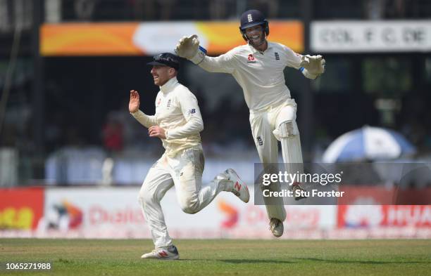 England bowler Jack Leach celebrates with Ben Foakes after running out Sri Lanka batsman Kusal Mendis during Day Four of the Third Test match between...