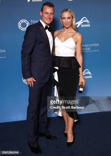 Lleyton Hewitt and Bec Hewitt pose ahead of the Newcombe Medal at Crown Entertainment Complex on November 26, 2018 in Melbourne, Australia.