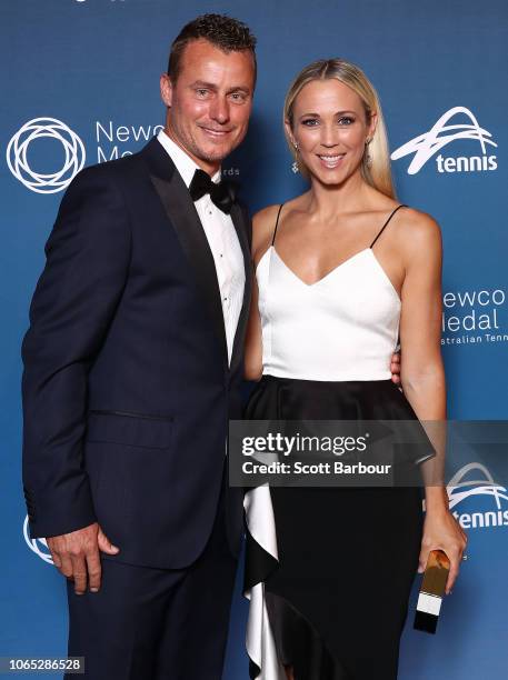 Lleyton Hewitt and Bec Hewitt pose ahead of the Newcombe Medal at Crown Entertainment Complex on November 26, 2018 in Melbourne, Australia.