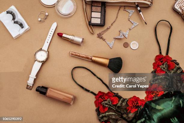 blogger and fashion concept. set of glamorous stylish woman accessories and lingerie - rhinestone stockfoto's en -beelden