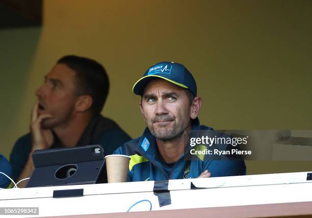 Justin Langer, coach of Australia, and Shaun Marsh of Australia look on during game two of the Gillette One Day International series between...