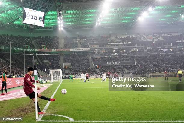 Genki Haraguchi of Hannover in action during the Bundesliga match between Borussia Moenchengladbach and Hannover 96 at Borussia-Park on November 25,...