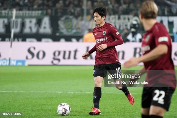 Genki Haraguchi of Hannover in action during the Bundesliga match between Borussia Moenchengladbach and Hannover 96 at Borussia-Park on November 25,...