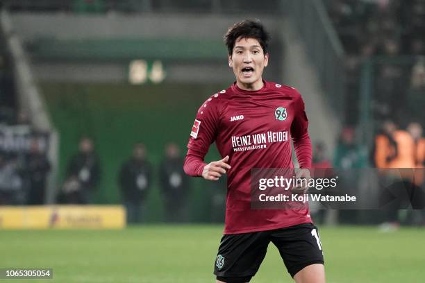 Genki Haraguchi of Hannover in action during the Bundesliga match between Borussia Moenchengladbach and Hannover 96 at Borussia-Park on November 25,...