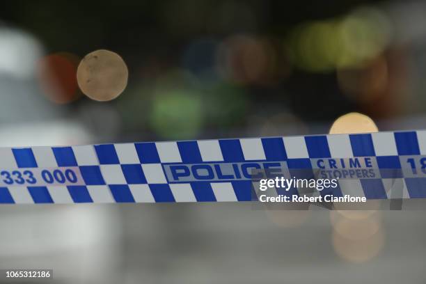 General view of Police tape on November 09, 2018 in Melbourne, Australia. A man has been shot by police after setting his car on fire and stabbing...