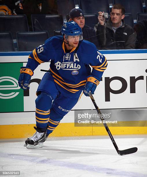 Jason Pominville of the Buffalo Sabres skates against the Boston Bruins at the HSBC Arena on November 3, 2010 in Buffalo, New York. The Bruins...